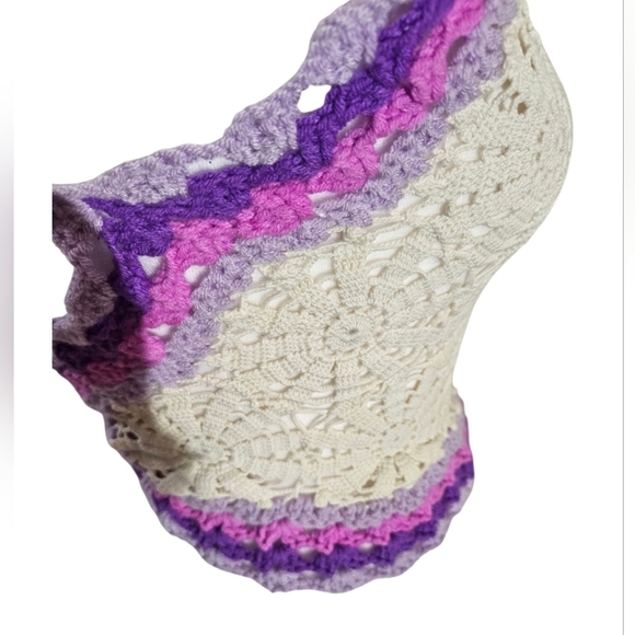 Handmade White Crochet Halter Crop-Top Floral Hand Knit Triangular Shape Purple - Picture 5 of 17